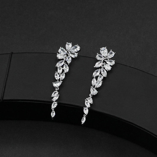 Long dangle bridal earrings cubic zirconia silver