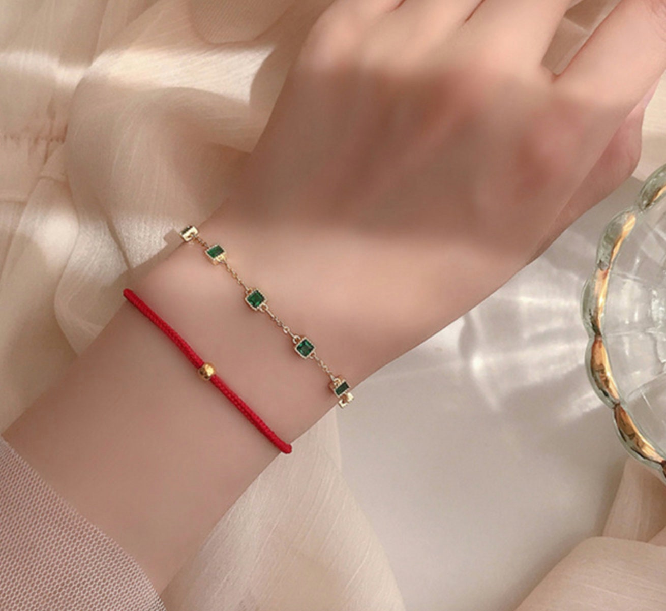 model girl wrist wearing square stone bracelet