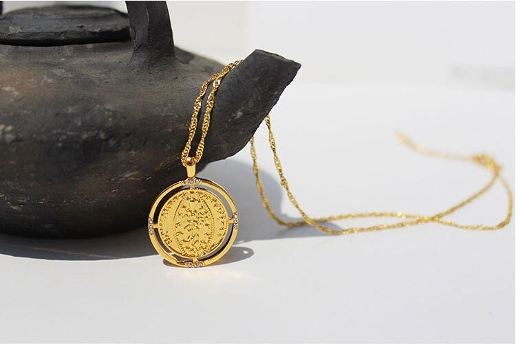 Coin Pendant Necklace 18K Gold Plated Vintage Medallion Coin