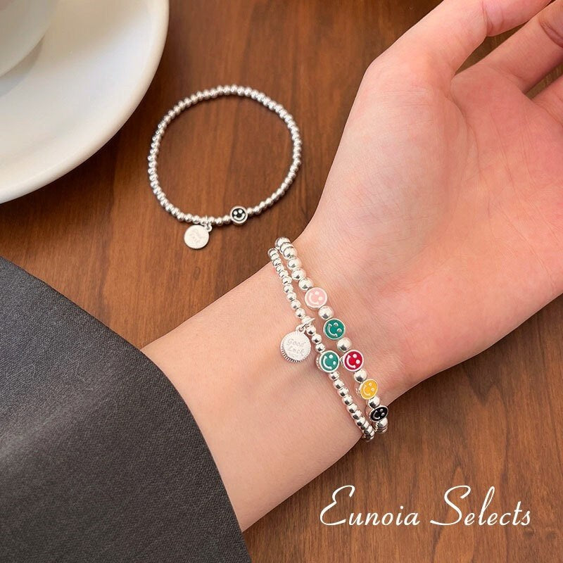 'Selena' S925 Silver Beads Bracelet, Smiley Face Good Luck Charm | Y2K  Jewelry