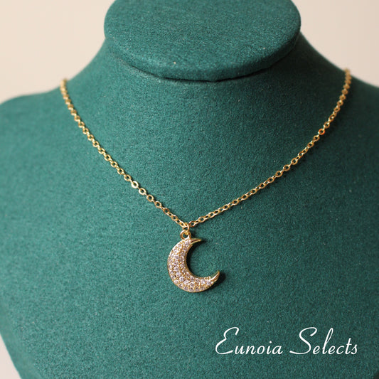 'Hannah' Crescent Moon Pendant Necklace, 14k Gold Plated Brass Chain w. Cubic Zirconia