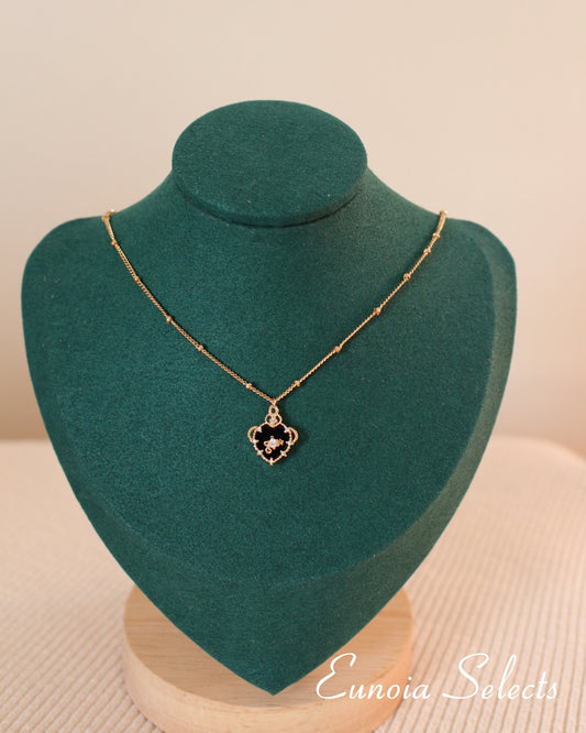 'Maya' Victorian Black Heart Pendant Necklace, 14k Gold Chain + Black Carnelian