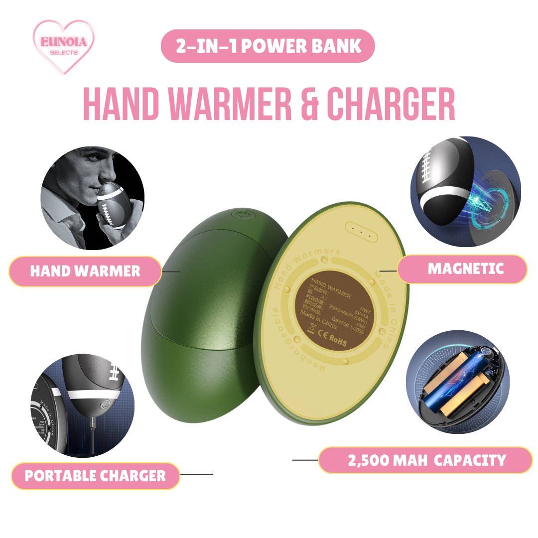 2 - IN - 1 Power Bank: Avocado/ Football 2,500 mAH Portable Charger, Hand WarmerPower Banks_Avocado__comfort travel_Hand Warmers