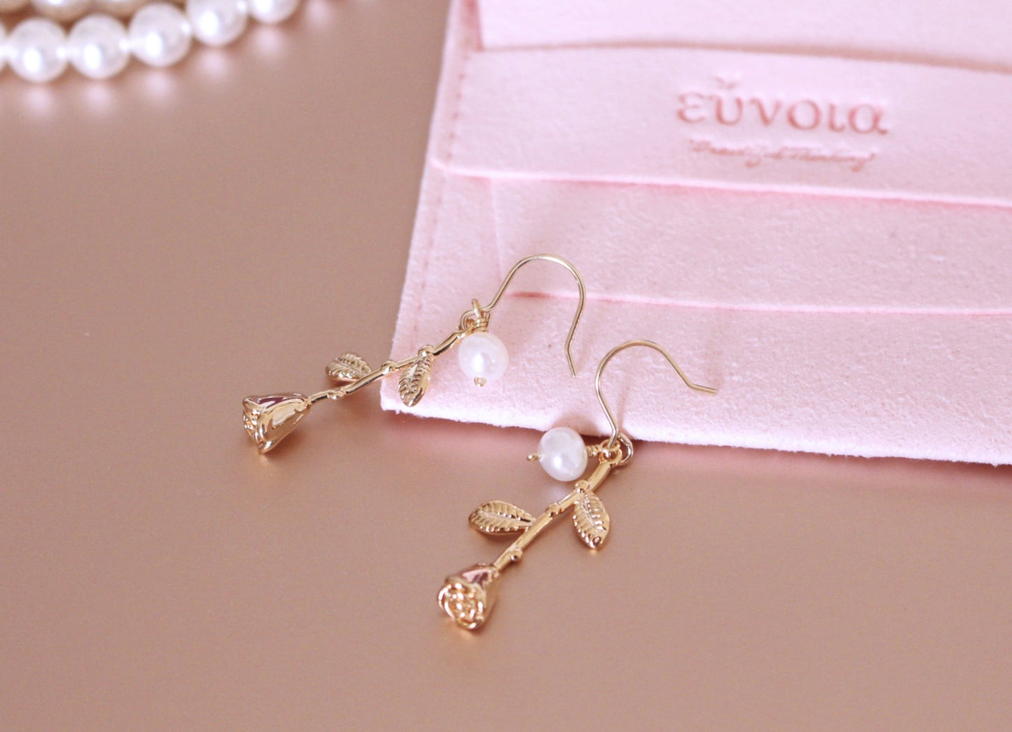 Cute 14k Gold & Pearl Statement Earrings w. Rose Stalk | Minimalist ChicEarrings_Gold_Pearl White_14k Gold_back_to_school