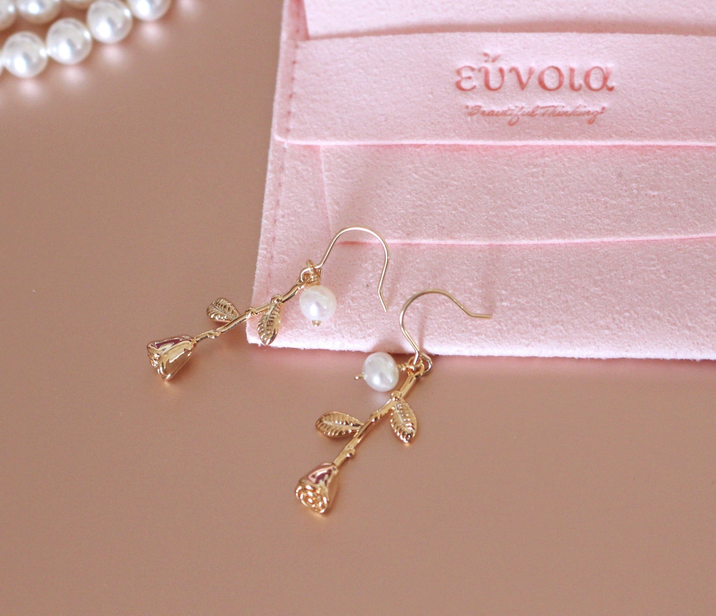 Cute 14k Gold & Pearl Statement Earrings w. Rose Stalk | Minimalist ChicEarrings_Gold_Pearl White_14k Gold_back_to_school