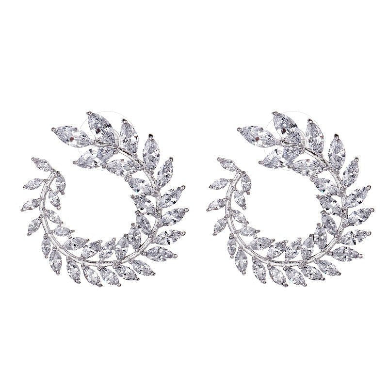 Bridal Stud Earrings w. Large Floral Wreath Cubic Zirconia | Wedding & PromEarrings_Silver_White_bridal_accessory_bridal_earring