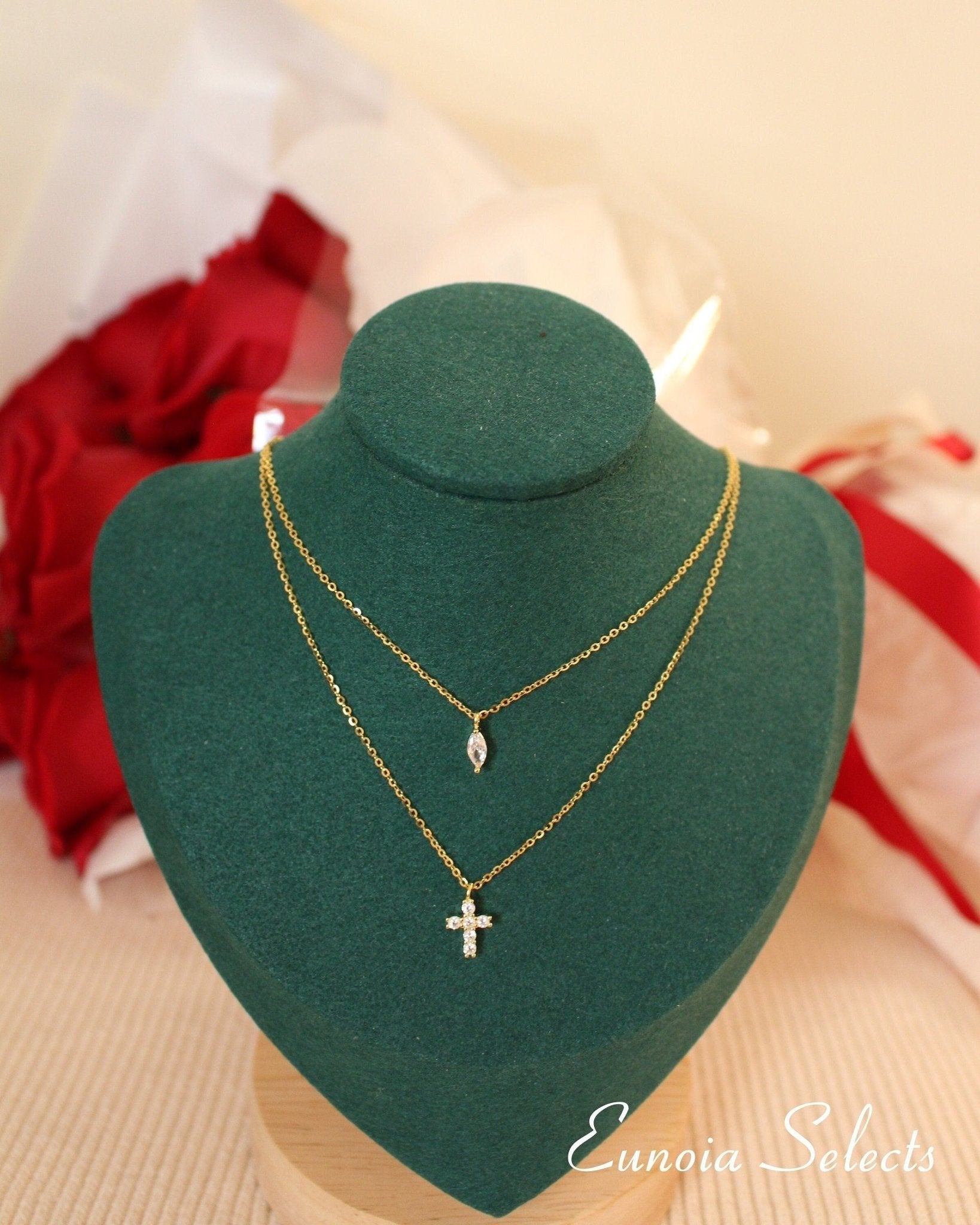 Cross Pendant Necklace + S925 Silver Gold Plated Layering ChainNecklaces_Gold_White_baptism_religious_baptize_christianity