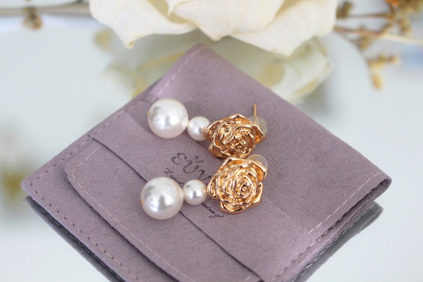 Diva S925 Silver Baroque Earrings w. Golden Rose & Pearls | Vintage InspiredEarrings_Gold_White_back_to_school_christmas