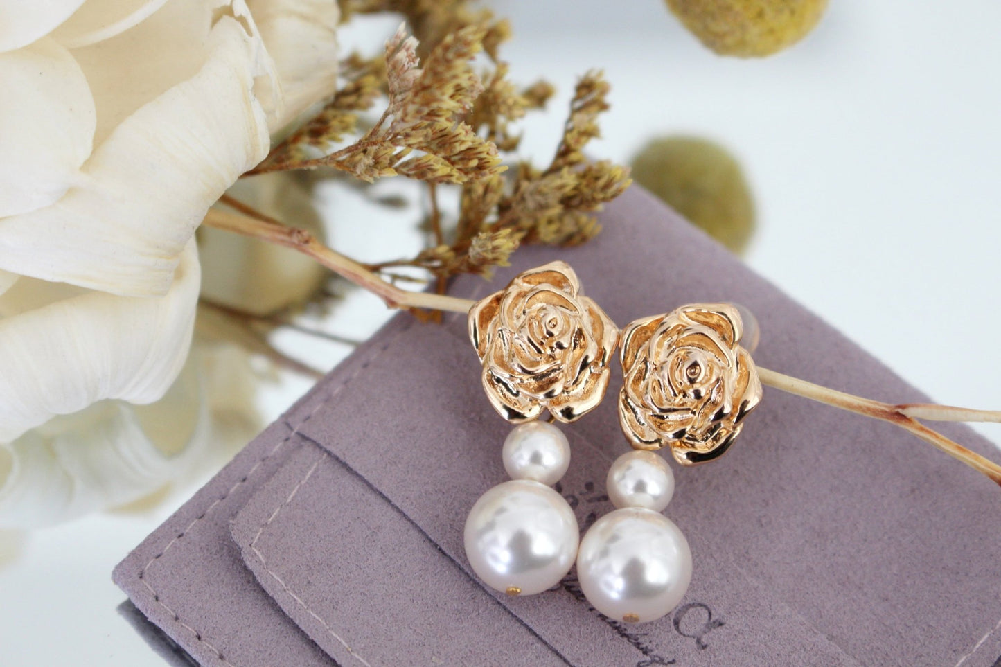 Diva S925 Silver Baroque Earrings w. Golden Rose & Pearls | Vintage InspiredEarrings_Gold_White_back_to_school_christmas