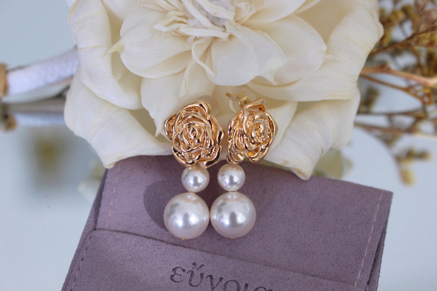 Diva S925 Silver Baroque Earrings w. Golden Rose & Pearls | Vintage InspiredEarrings_Gold_White_back_to_school_christmas