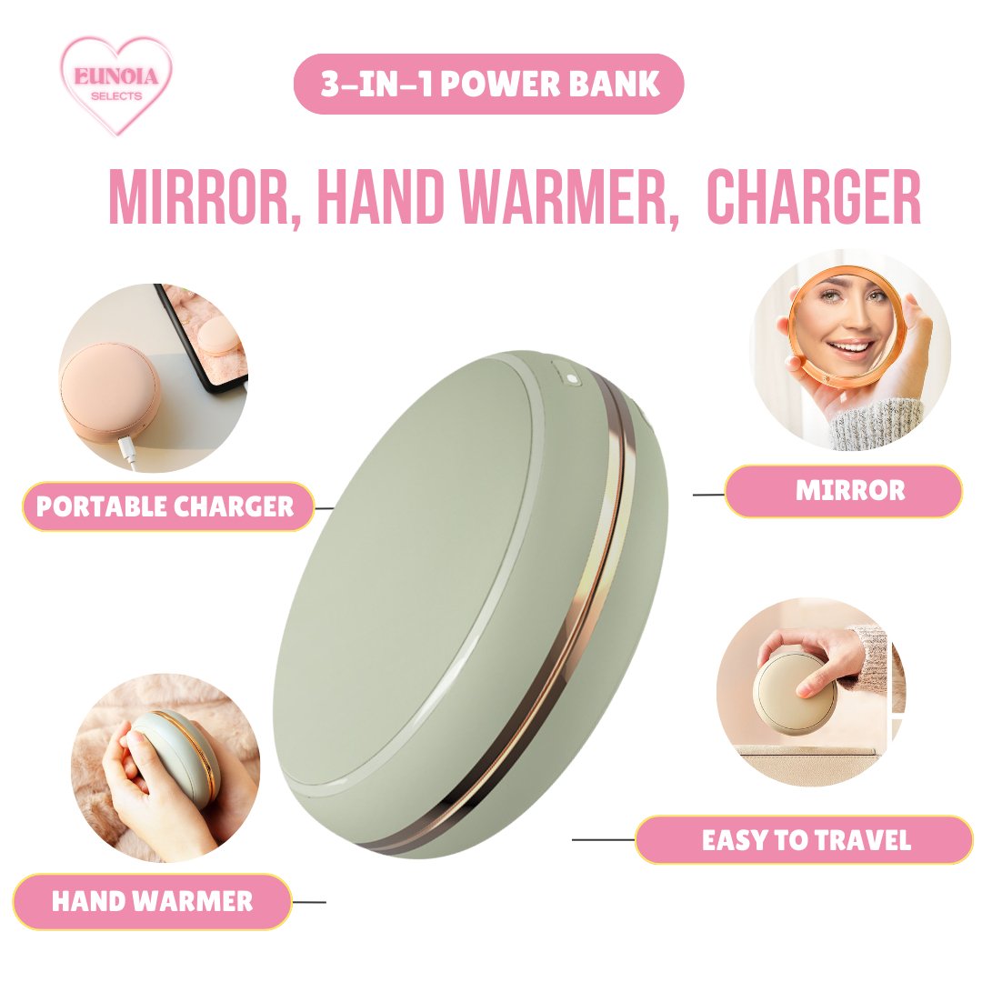 DORAYAKI 3 - IN - 1 Power Bank: 10,000 mAH Portable Charger, Hand Warmer, MirrorPower Banks_Green__comfort travel_Hand Warmers