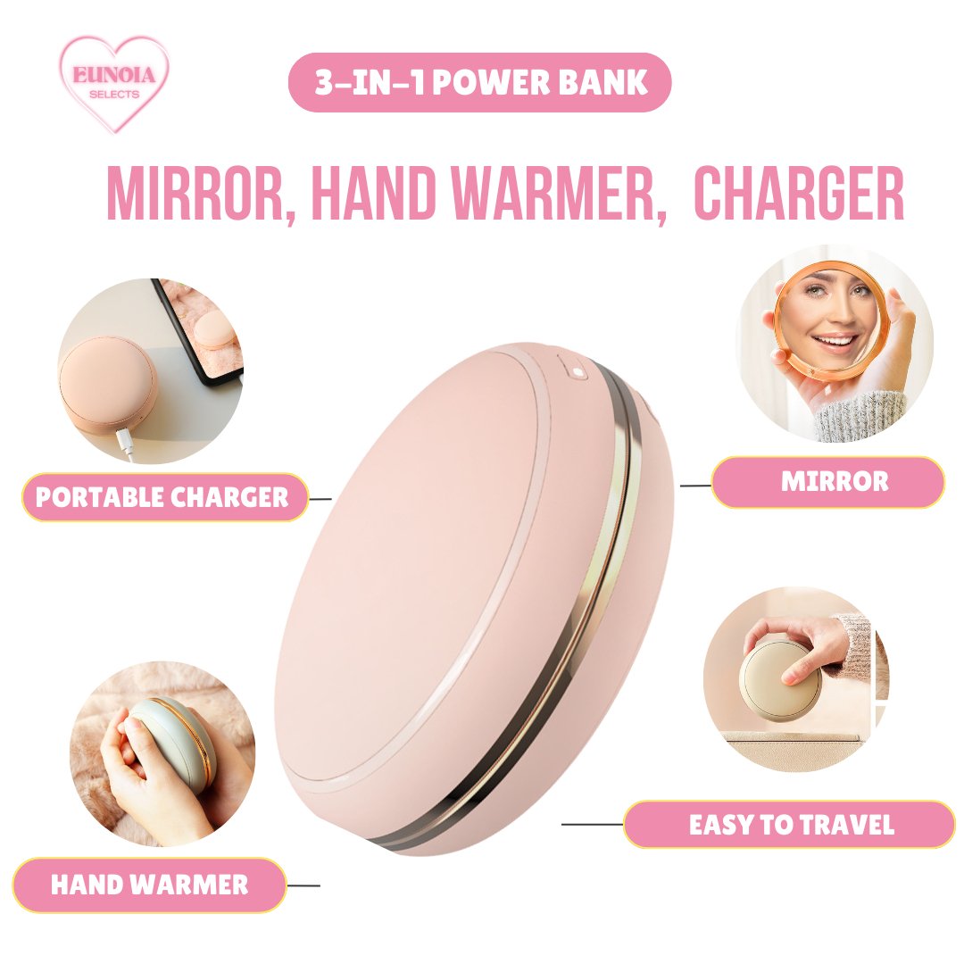 DORAYAKI 3 - IN - 1 Power Bank: 10,000 mAH Portable Charger, Hand Warmer, MirrorPower Banks_Pink__comfort travel_Hand Warmers