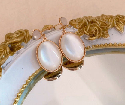 Eleanor 14K Gold White Opal Earrings, Victorian Design | Minimalist ChicEarrings_Oval_Gold_14k Gold_antique_accessory