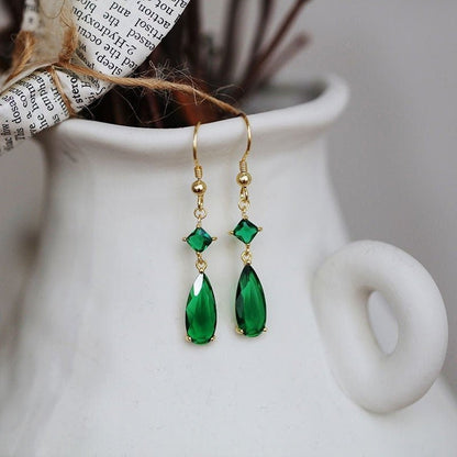 Emerie S925 Silver Emerald Green Dangle Earrings, Teardrop Gems | Vintage InspiredEarrings_Gold_Emerald Green_birthday_gift_women_cubic_zircon_earring