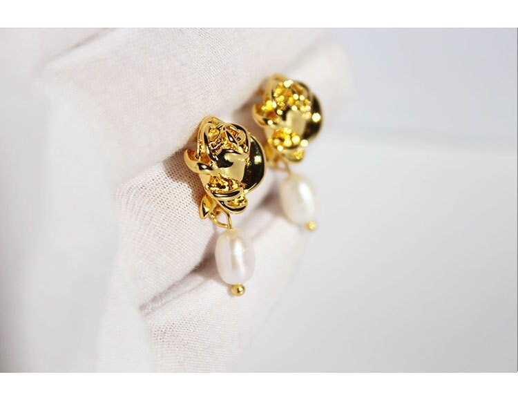 Frances 18k Gold Plated Rose & Pearl Baroque Statement Earrings | Vintage InspiredEarrings_Gold_Pearl White_18k Gold_back_to_school