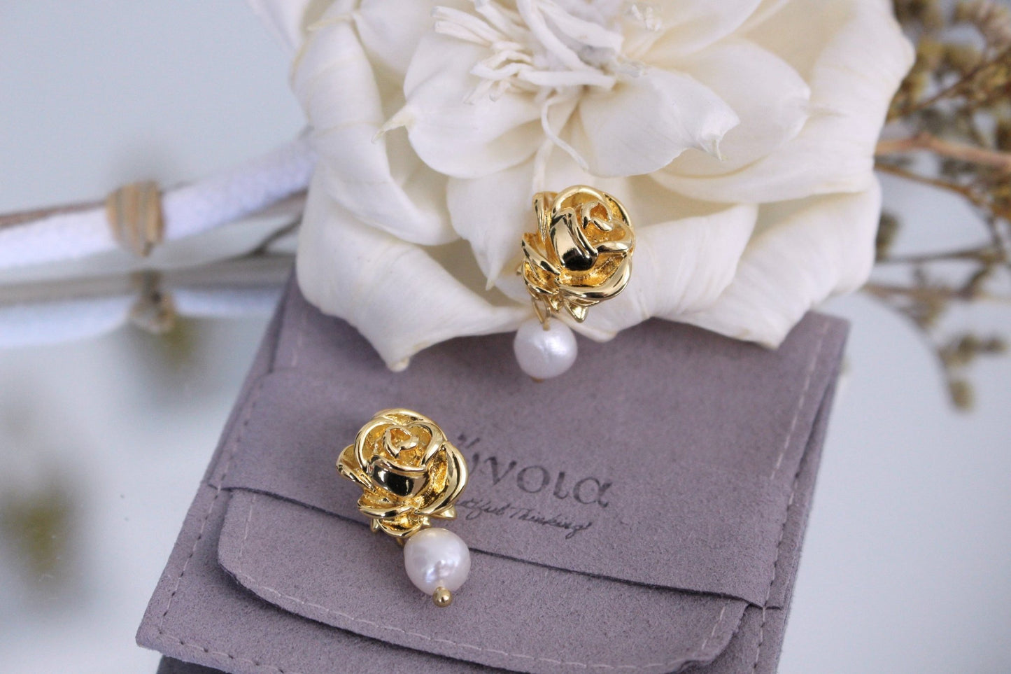 Frances 18k Gold Plated Rose & Pearl Baroque Statement Earrings | Vintage InspiredEarrings_Gold_Pearl White_18k Gold_back_to_school