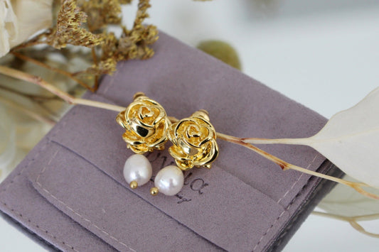 Frances 18k Gold Plated Rose & Pearl Baroque Statement Earrings | Vintage InspiredEarrings_Gold_Pearl White_18k Gold_back_to_school