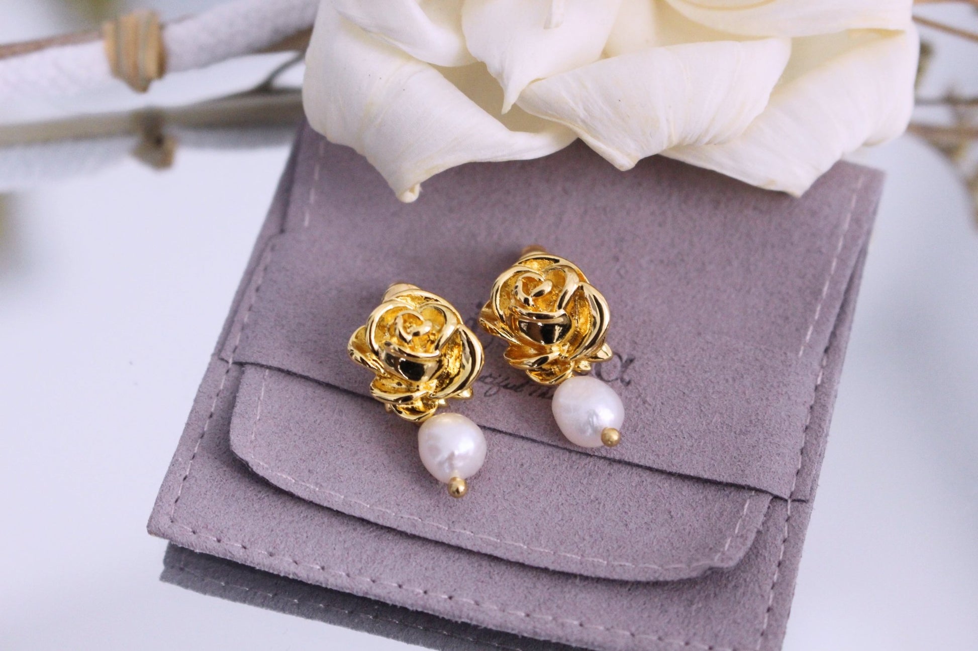 Frances 18k Gold Plated Rose & Pearl Baroque Statement Earrings | Vintage InspiredEarrings_Gold_Pearl White_18k Gold_back_to_school