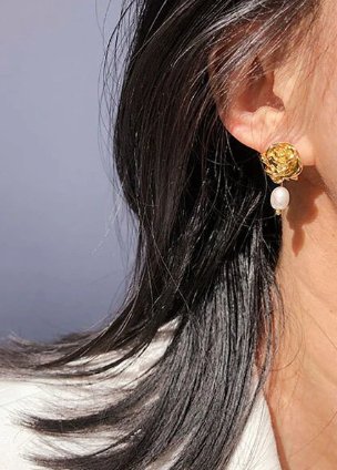 Frances 18k Gold Plated Rose & Pearl Baroque Statement Earrings | Vintage InspiredEarrings_Gold_Pearl White_18k Gold_back_to_school