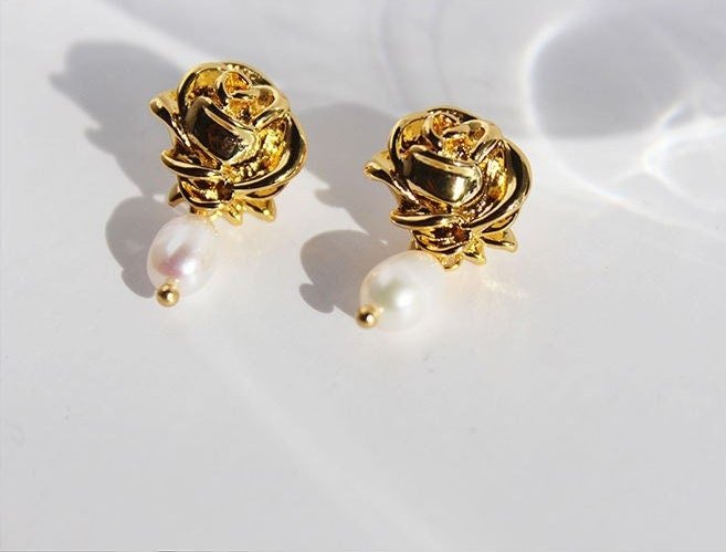 Frances 18k Gold Plated Rose & Pearl Baroque Statement Earrings | Vintage InspiredEarrings_Gold_Pearl White_18k Gold_back_to_school