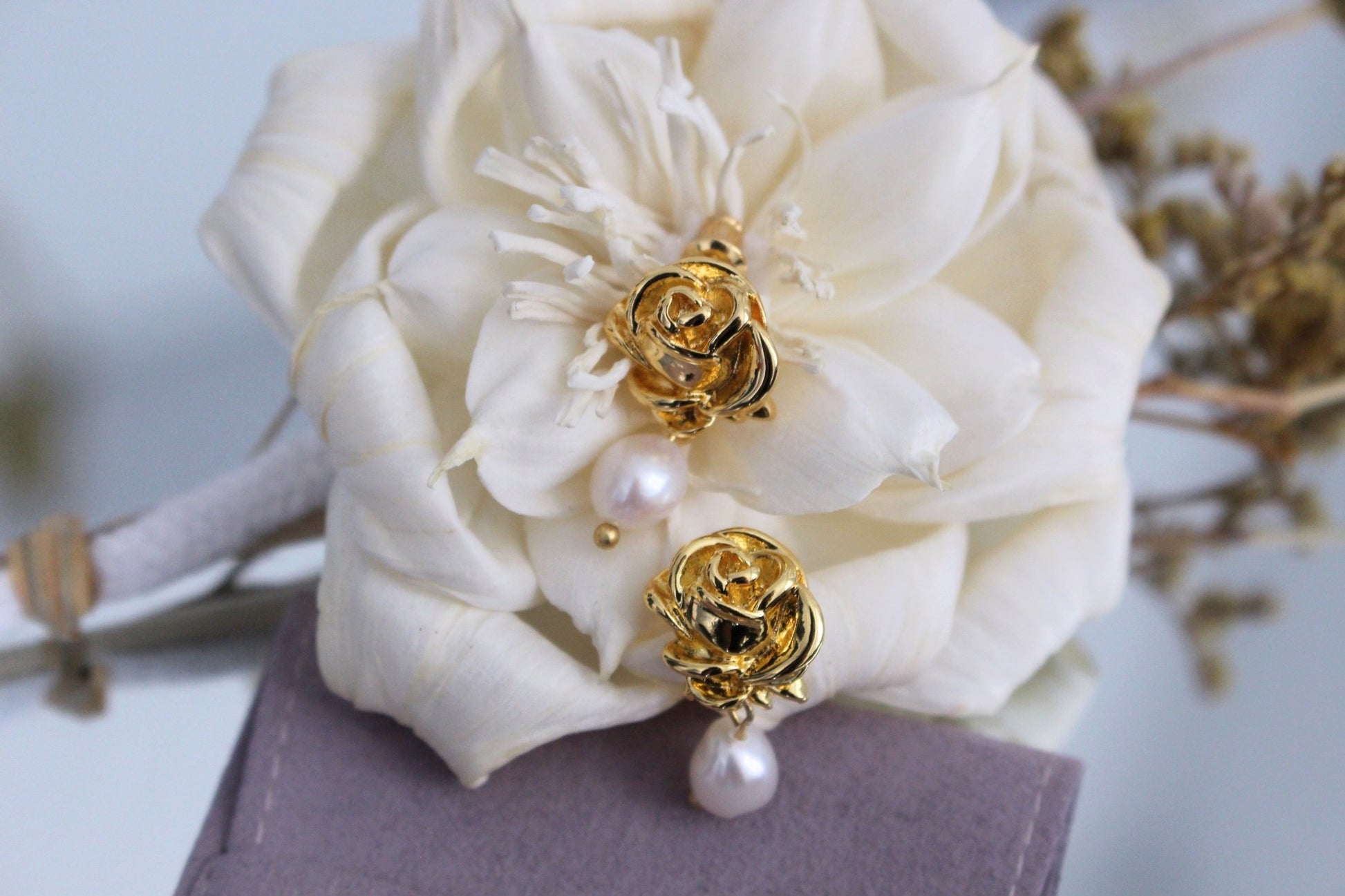 Frances 18k Gold Plated Rose & Pearl Baroque Statement Earrings | Vintage InspiredEarrings_Gold_Pearl White_18k Gold_back_to_school