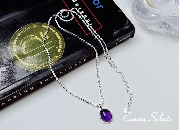 Gia Purple Carnelian Pendant Necklace, S925 Silver Beads Chain | Y2K JewelryNecklaces_Silver_Purple_2000s_jewelry_amethyst