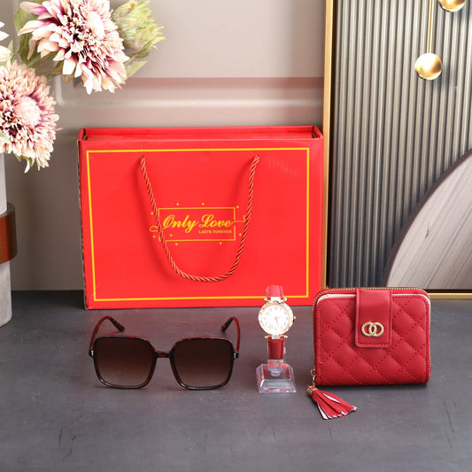 Glam Women's Gift Box Set Essentials with PU Leather Wallet, Watch, & Sunglasses [Pink/Red]Gift Sets_Red__gift sets_