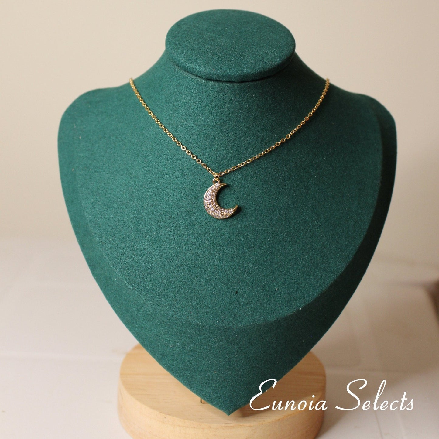 Hannah Crescent Moon Pendant Necklace, 14k Gold Plated Brass Chain w. Cubic ZirconiaNecklaces_Gold_White_14k Gold_birthday_anniversary