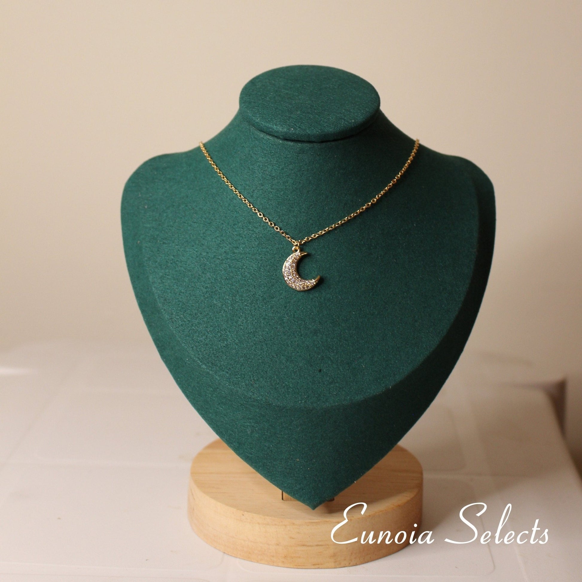 Hannah Crescent Moon Pendant Necklace, 14k Gold Plated Brass Chain w. Cubic ZirconiaNecklaces_Gold_White_14k Gold_birthday_anniversary