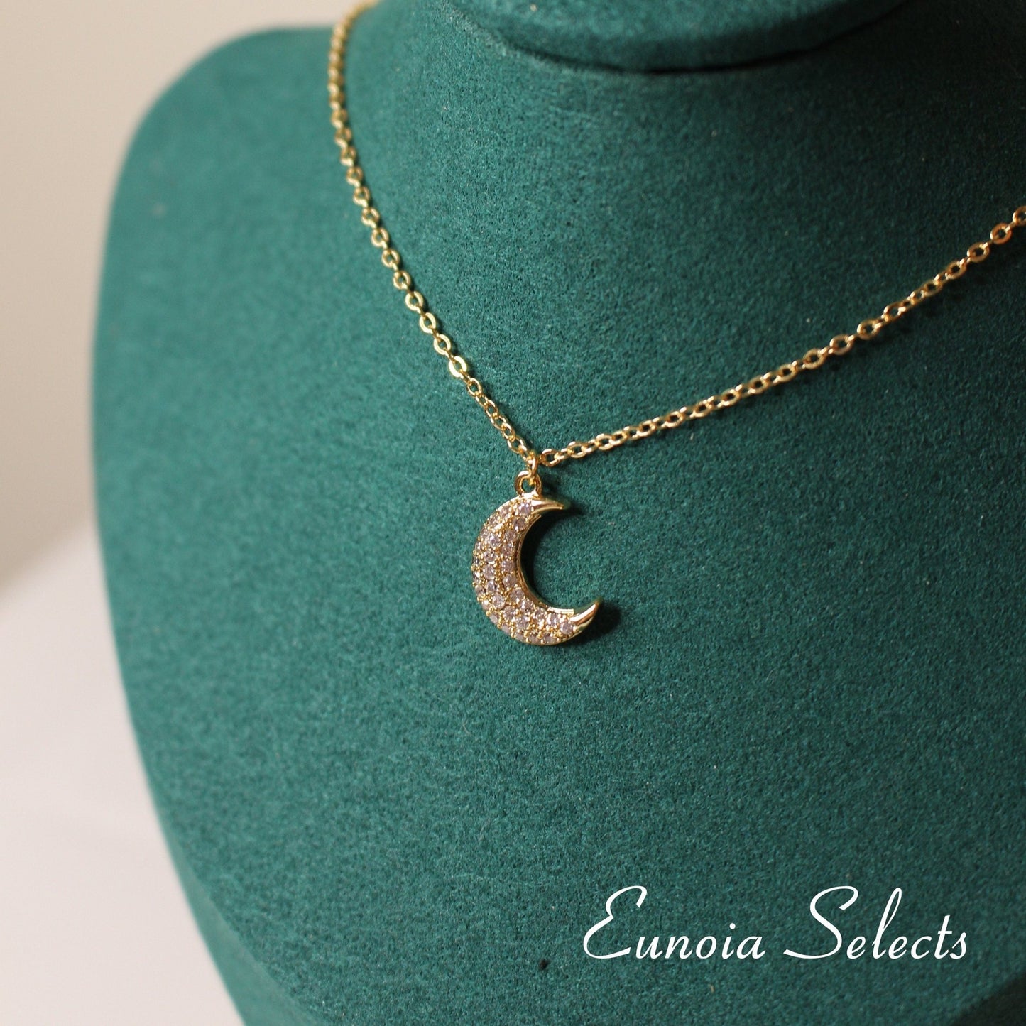 Hannah Crescent Moon Pendant Necklace, 14k Gold Plated Brass Chain w. Cubic ZirconiaNecklaces_Gold_White_14k Gold_birthday_anniversary