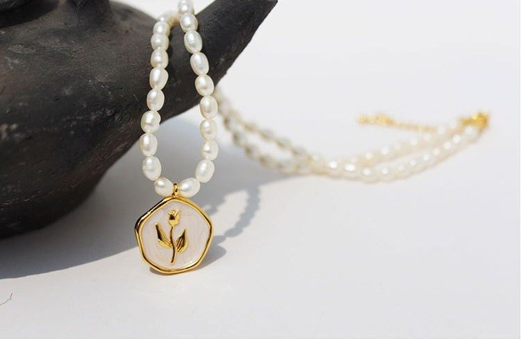 J’adore 18k Gold Pearl Medallion Necklace Set, White Tulip & Rose Design | Minimalist ChicNecklaces_Tulip + Pearl Chain_Gold_18k Gold_floral_necklace