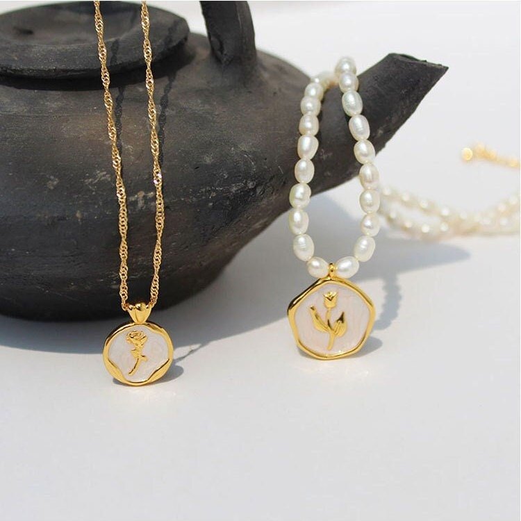 J’adore 18k Gold Pearl Medallion Necklace Set, White Tulip & Rose Design | Minimalist ChicNecklaces_Both Necklace_Gold_18k Gold_floral_necklace