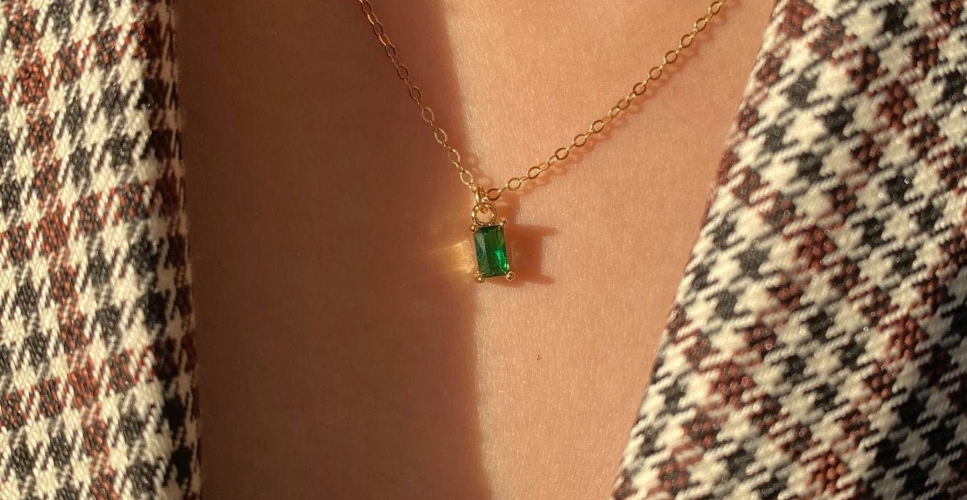 Kiara Dainty 14k Gold Necklace w. Emerald Pendant Green Gemstone | Vintage InspiredNecklaces_Gold_Emerald Green_14k Gold_antique_necklace