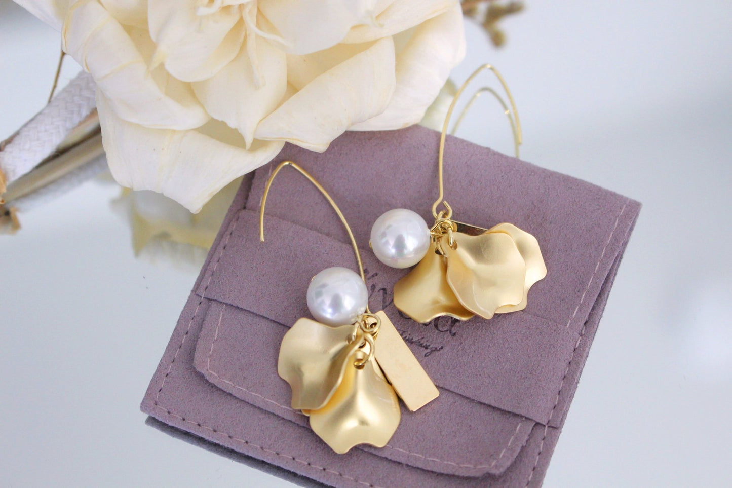 Leilani 14k Gold Plated Earrings w. Golden Lotus Leaves w. Pearl | Minimalist ChicEarrings_Gold_Pearl White_14k Gold_back_to_school