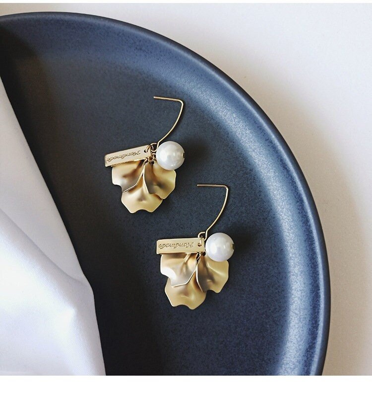 Leilani 14k Gold Plated Earrings w. Golden Lotus Leaves w. Pearl | Minimalist ChicEarrings_Gold_Pearl White_14k Gold_back_to_school