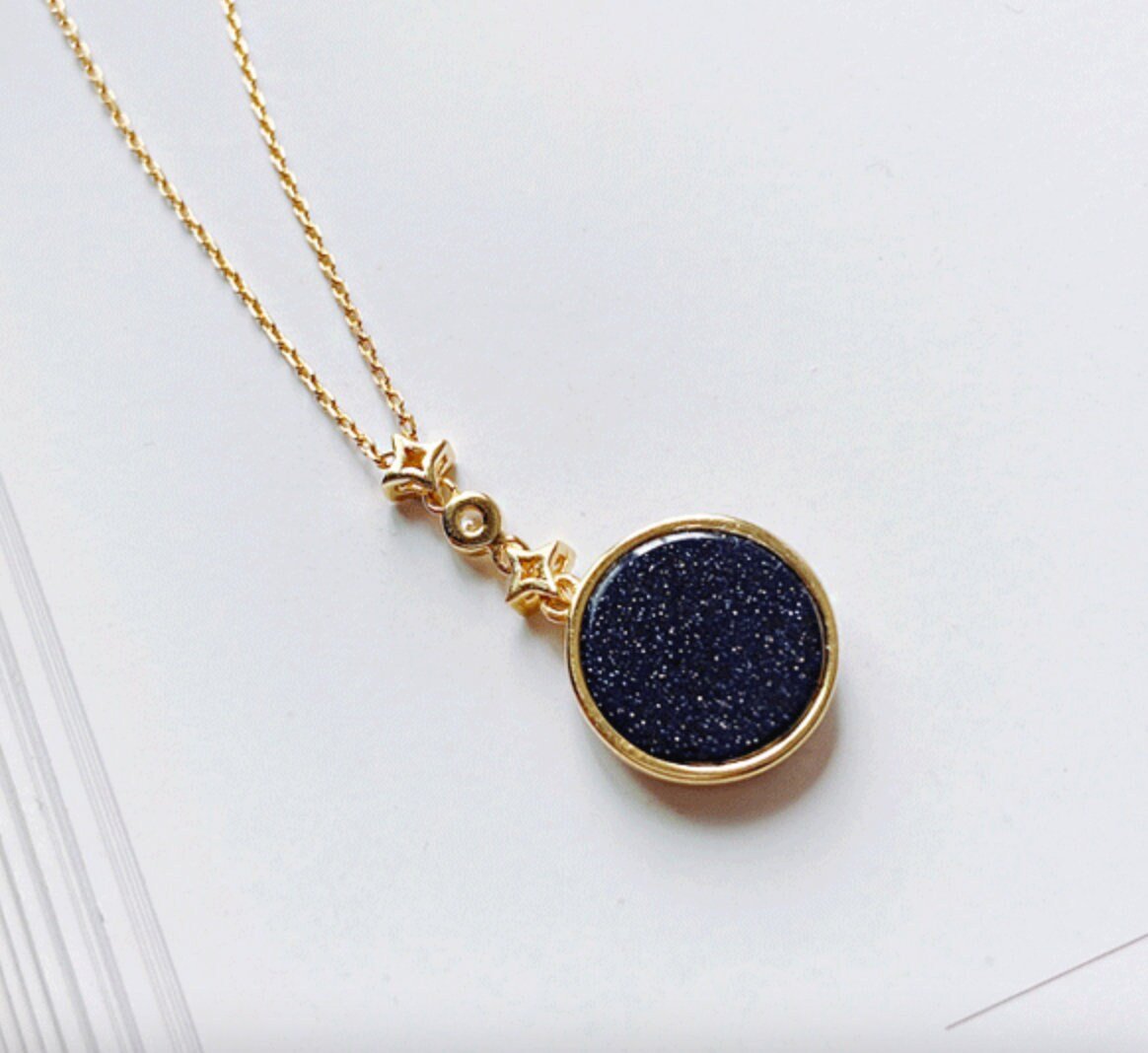 Luna 14k Gold Medallion Necklace, Moon Phase Blue Sandstone Pendant | Sparkle ShineNecklaces_Gold_Black_14k Gold_celestial_necklace