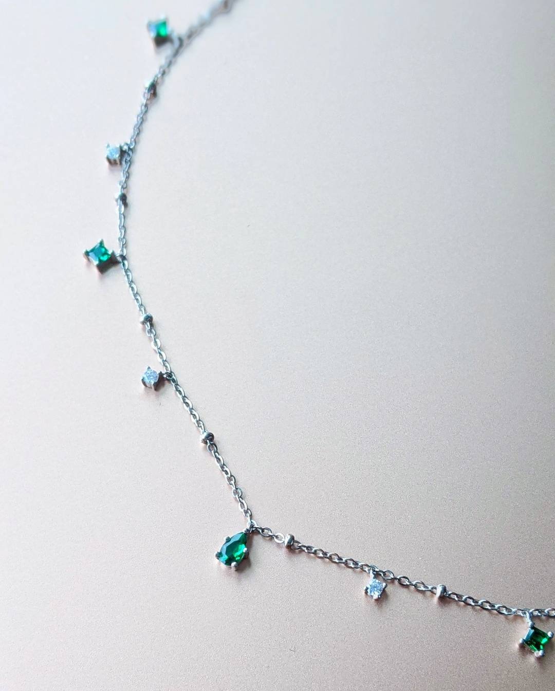 Mera S925 Silver Emerald Pendant Necklace, Dainty Dangle Green Charms✨ | Vintage InspiredNecklaces_Silver_Emerald Green_antique_necklace_birthday_gift_women