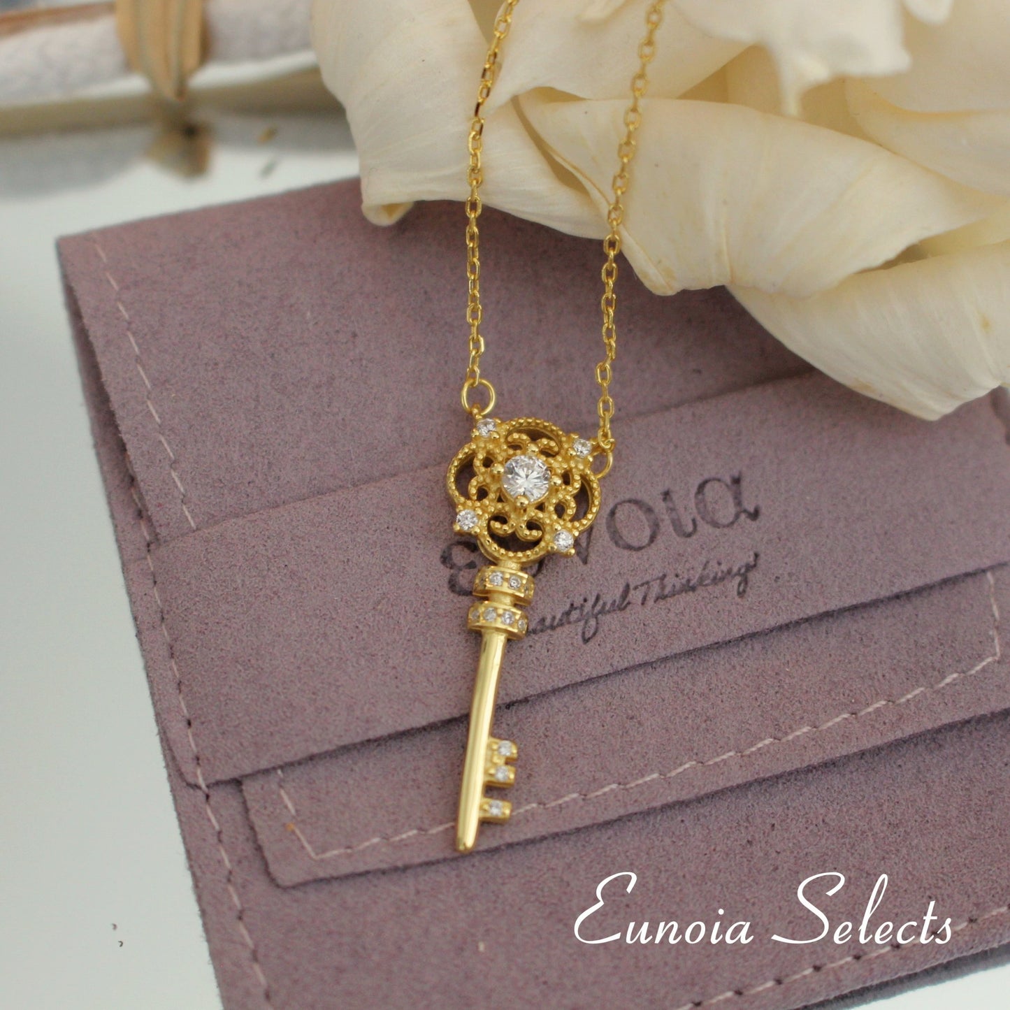 Promised Love S925 Silver Necklace w. Large Gold Key Charm Pendant | Sparkle ShineNecklaces_Gold_White_antique_necklace_elegant_necklace