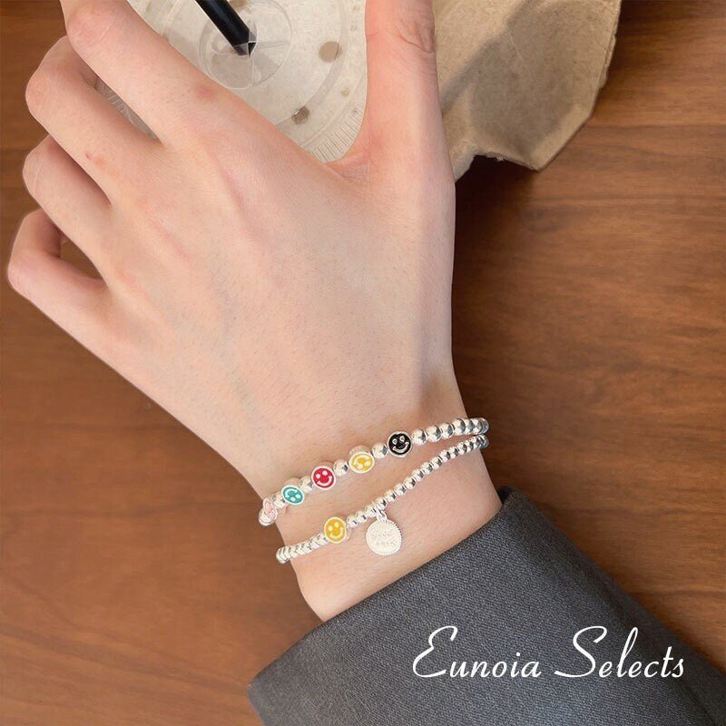 Selena S925 Silver Beads Bracelet, Smiley Face Good Luck Charm | Y2K JewelryBracelets_Silver_Rainbow_2000s_jewelry_colorful_necklace