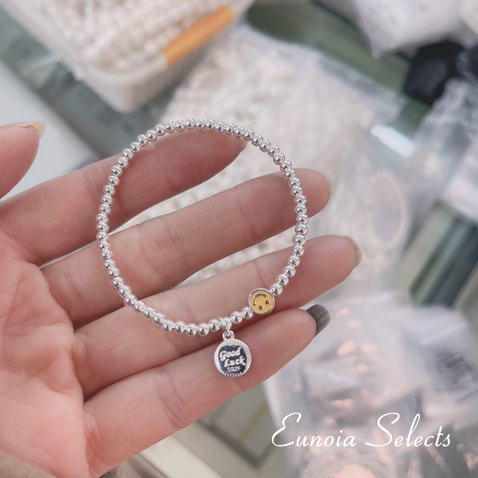 Selena S925 Silver Beads Bracelet, Smiley Face Good Luck Charm | Y2K JewelryBracelets_Silver_Rainbow_2000s_jewelry_colorful_necklace