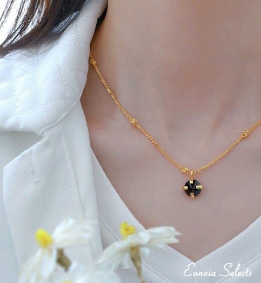 Serenity 18K Gold Vermeil Necklace w. Black or Clear Gem Pendant | Minimalist ChicNecklaces_Gold_Black_18k Gold_birthday_gift_women