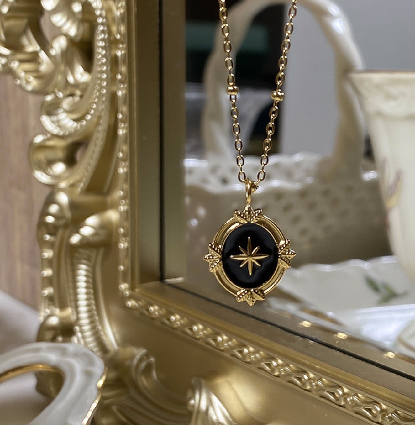 Star Light Gold Medallion Necklace w. Star - in - the - Black Pendant | Vintage InspiredNecklaces_Gold_Black_antique_necklace_blue_sand_stone