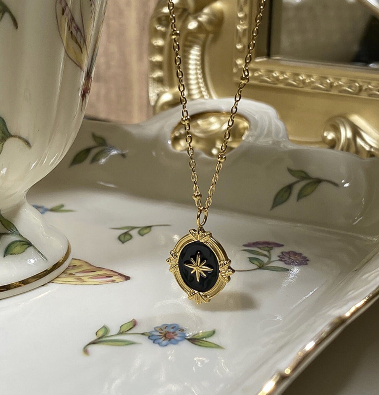 Star Light Gold Medallion Necklace w. Star - in - the - Black Pendant | Vintage InspiredNecklaces_Gold_Black_antique_necklace_blue_sand_stone