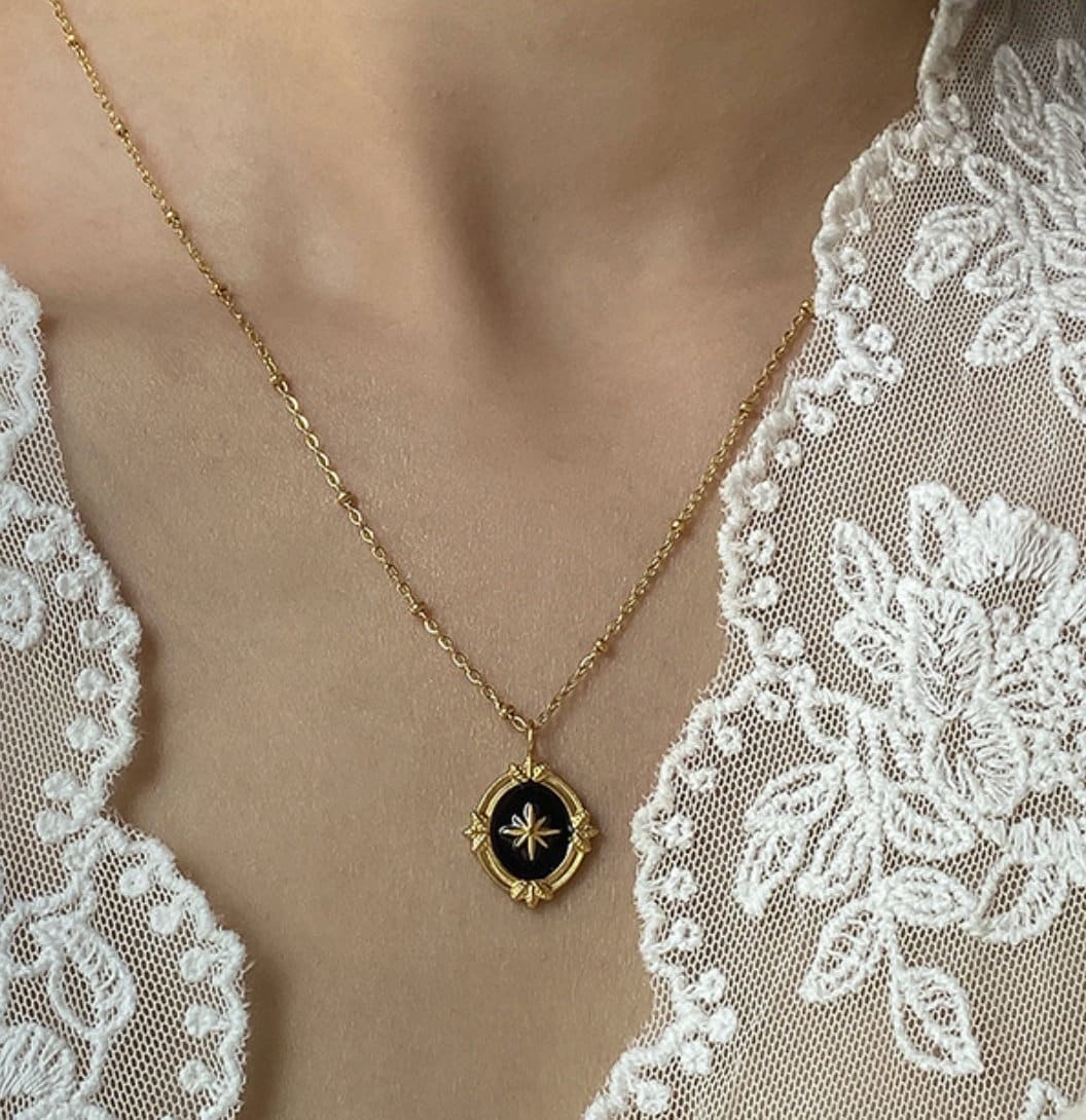 Star Light Gold Medallion Necklace w. Star - in - the - Black Pendant | Vintage InspiredNecklaces_Gold_Black_antique_necklace_blue_sand_stone