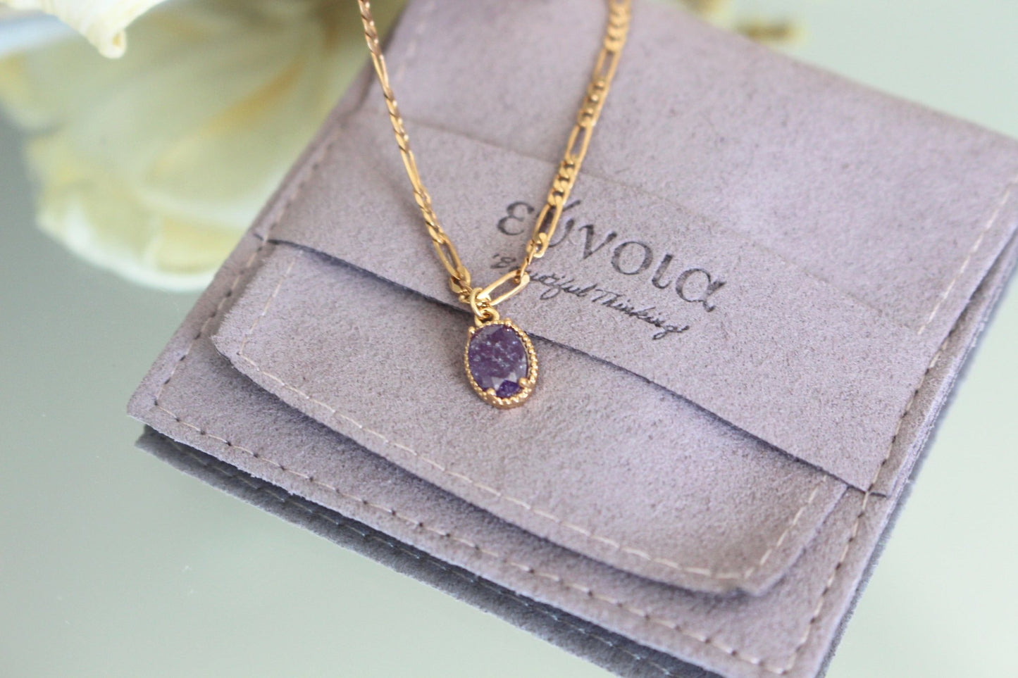 Sylvie Double Gold Plated Link Chain Necklace w. Oval Gem Pendant | Vintage InspiredNecklaces_Gold_Purple_amethyst_antique_necklace