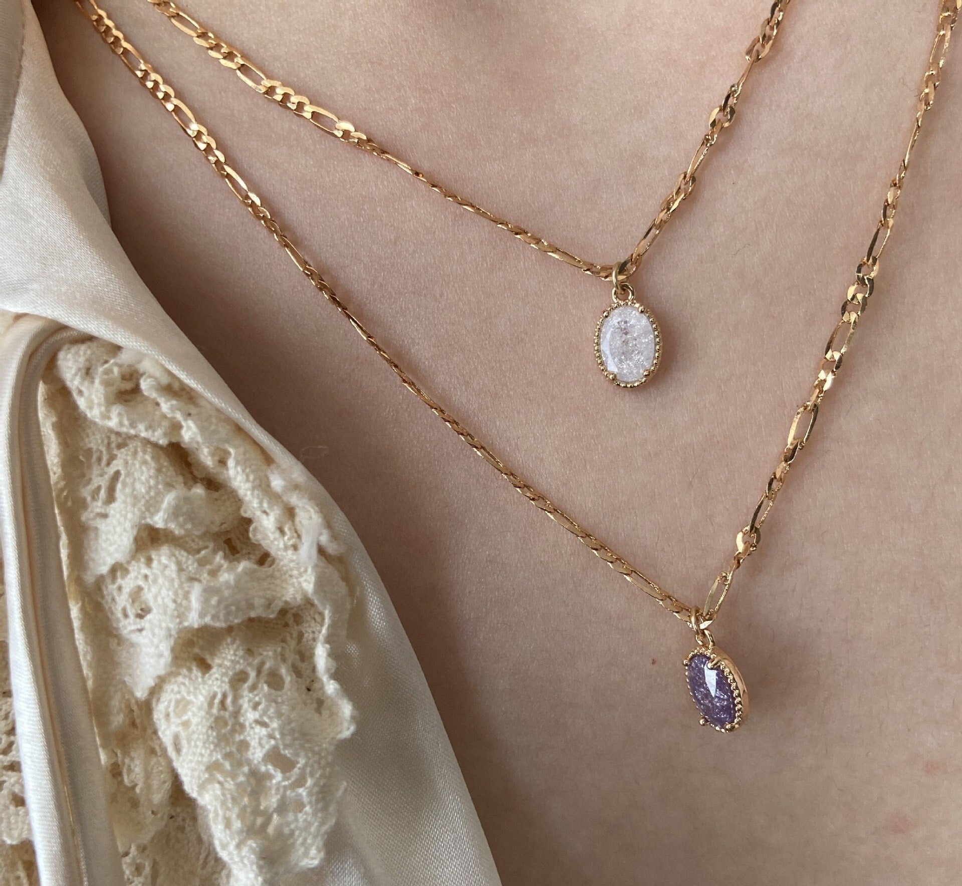 Sylvie Double Gold Plated Link Chain Necklace w. Oval Gem Pendant | Vintage InspiredNecklaces_Gold_Purple_amethyst_antique_necklace