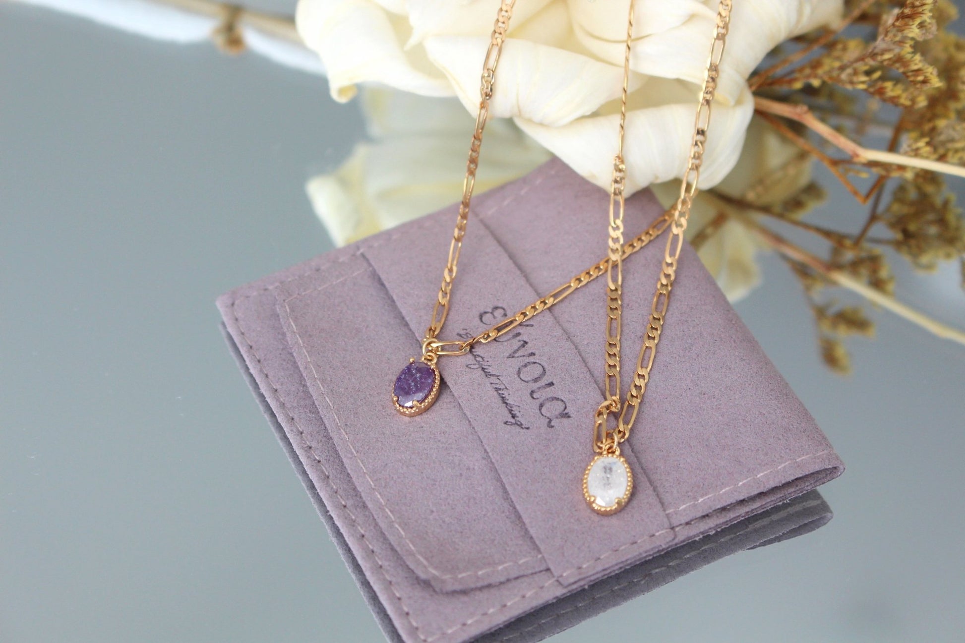 Sylvie Double Gold Plated Link Chain Necklace w. Oval Gem Pendant | Vintage InspiredNecklaces_Gold_Purple_amethyst_antique_necklace