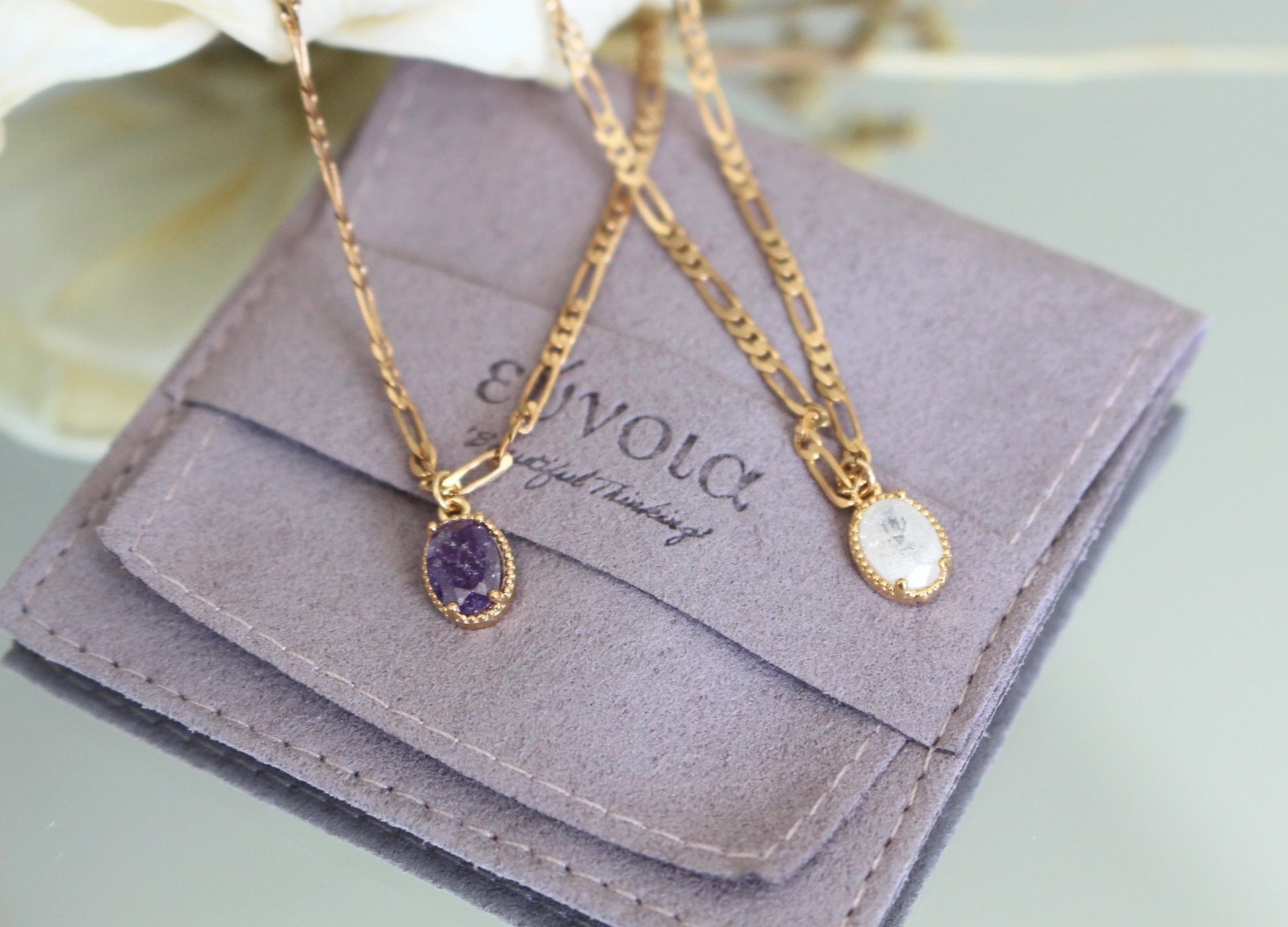 Sylvie Double Gold Plated Link Chain Necklace w. Oval Gem Pendant | Vintage InspiredNecklaces_Gold_Purple_amethyst_antique_necklace