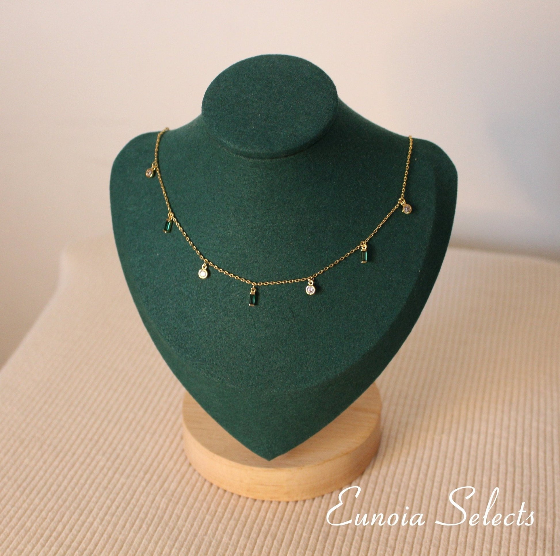 Tessa Emerald Green Necklace Dainty Dangle Charms + 18K Gold Chain | May BirthStoneNecklaces_Gold_Emerald Green_birthday_gift_women_charm_necklace