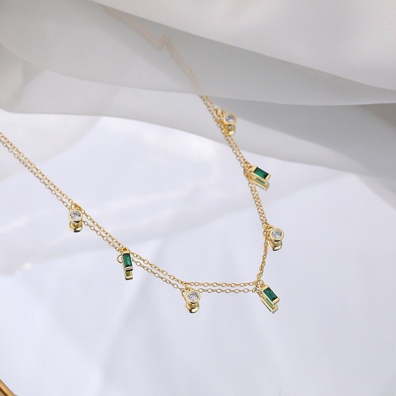 Tessa Emerald Green Necklace Dainty Dangle Charms + 18K Gold Chain | May BirthStoneNecklaces_Gold_Emerald Green_birthday_gift_women_charm_necklace